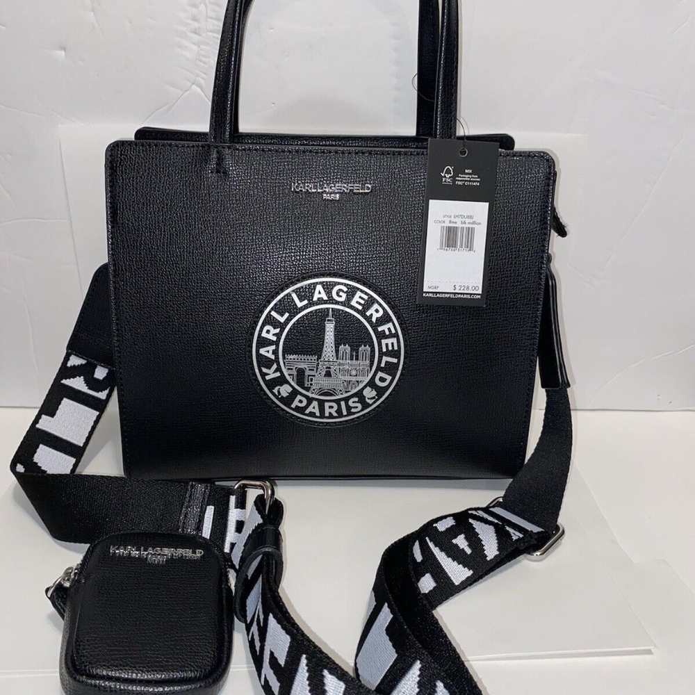 $228 New KARL LAGERFELD PARIS Medallion Crossbody Bag With Pouch Black Color
